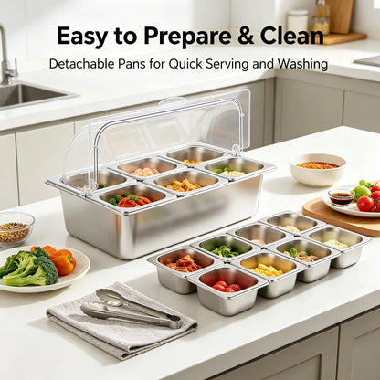 6-Pan Hot & Cold Buffet Serving Station with Roll-Top Cover