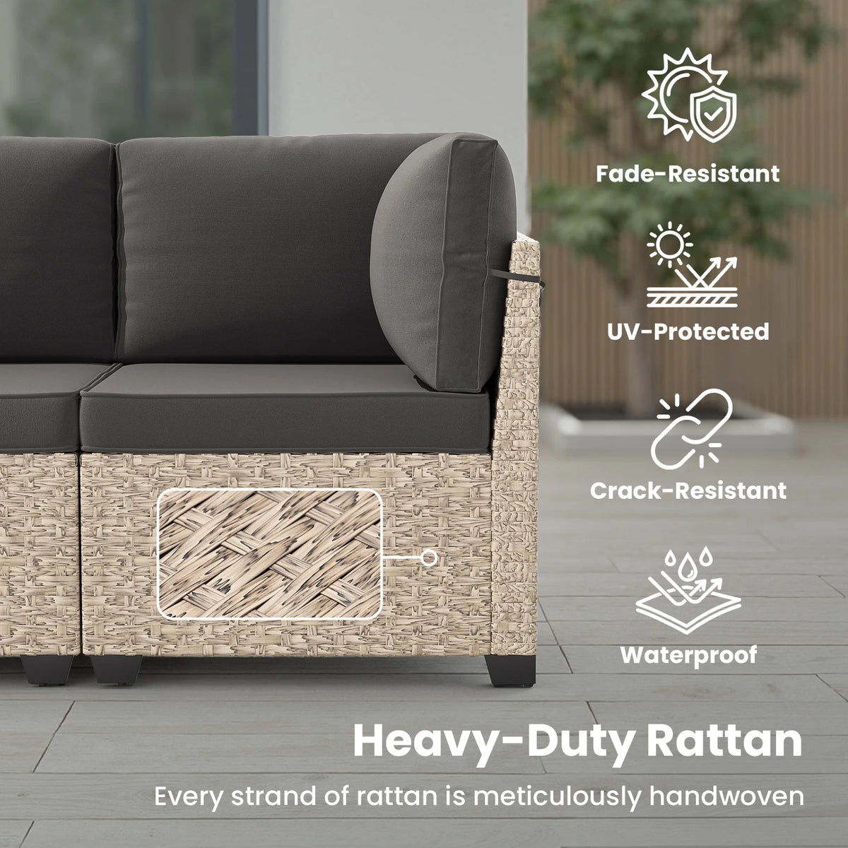 7-Piece Outdoor Rattan Sectional Sofa Set – 6-Seat Modular Patio Furniture with Tempered Glass Coffee Table
