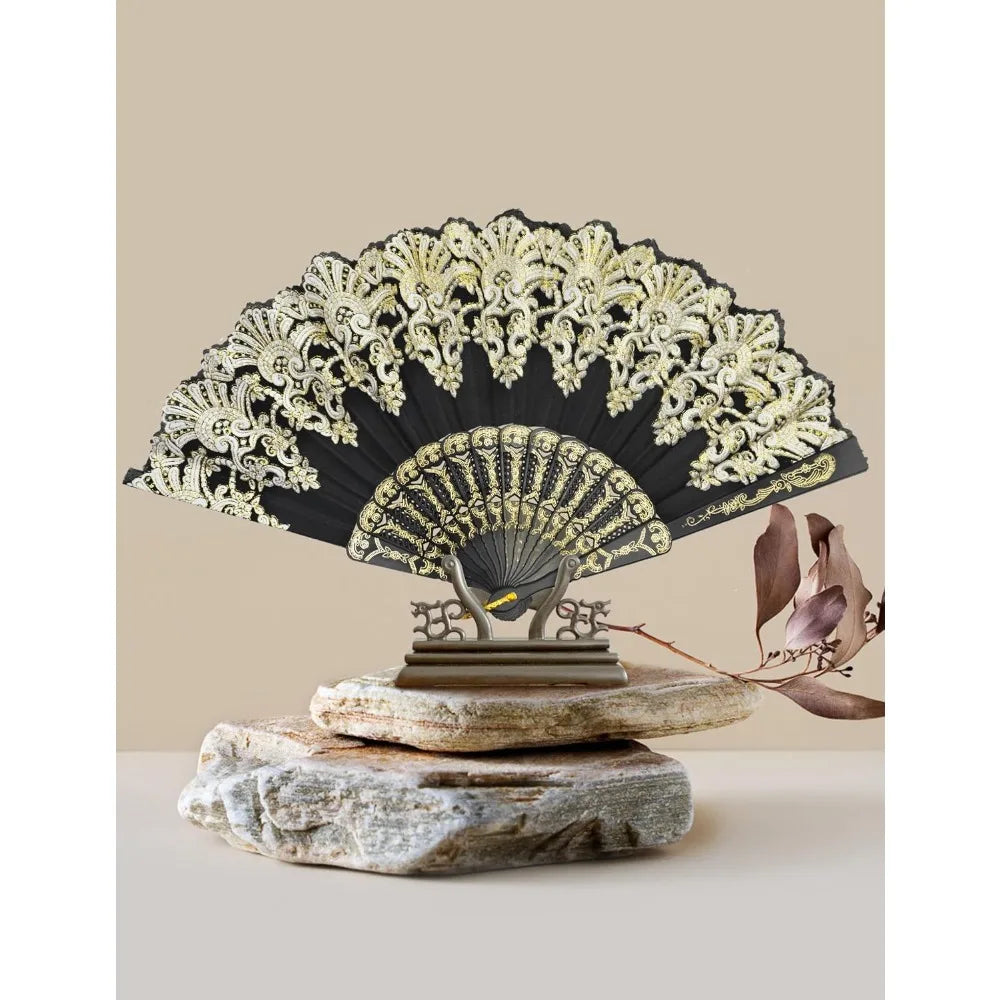 Black & Gold Decorative Folding Fan – 16.5"