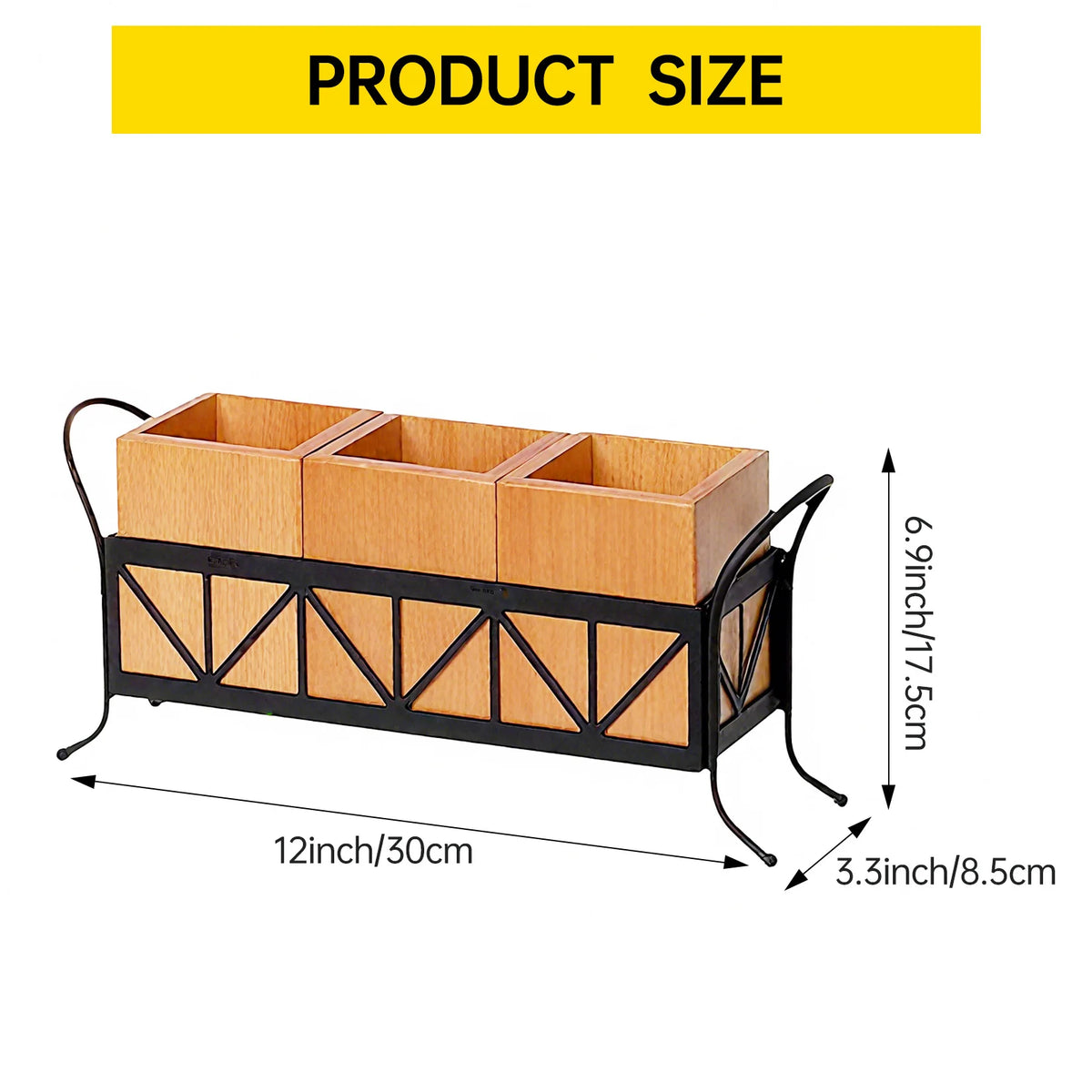 3-Compartment Bamboo Utensil Holder with Black Metal Rack