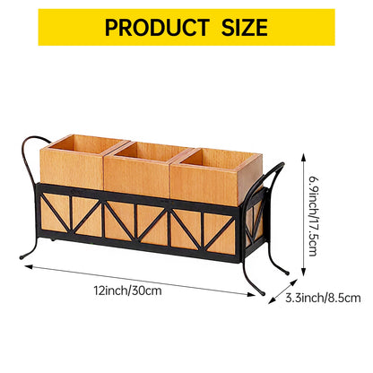 3-Compartment Bamboo Utensil Holder with Black Metal Rack