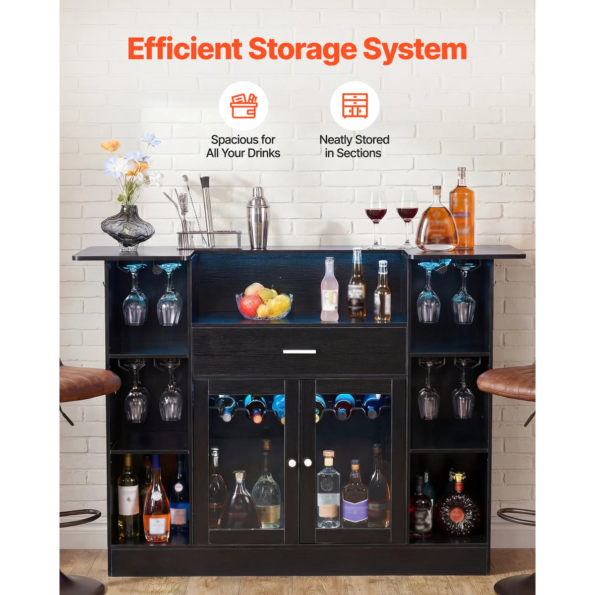 59" 4-Tier Home Bar with LED Lighting – Wine Glass Rack, Bottle Storage, Drawer & Shelves