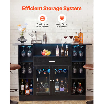 59" 4-Tier Home Bar with LED Lighting – Wine Glass Rack, Bottle Storage, Drawer & Shelves