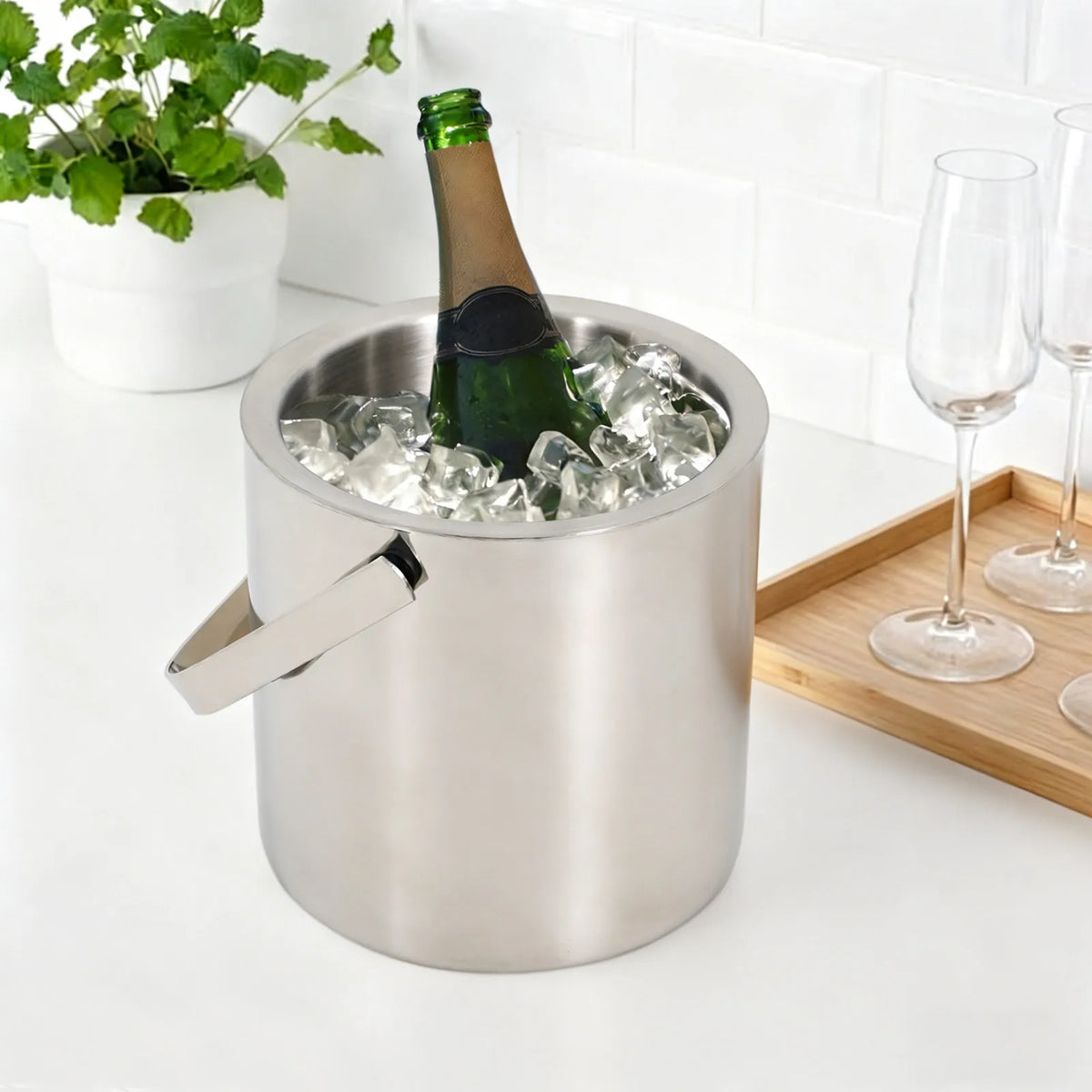 Double-Wall Stainless Steel Ice Bucket with Tongs & Strainer – 1.3L