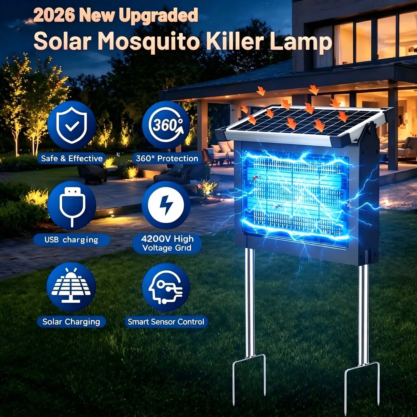 Solar Outdoor Bug Zapper – 4500V Mosquito & Flying Insect Control, Up to 2,100 Sq. Ft.