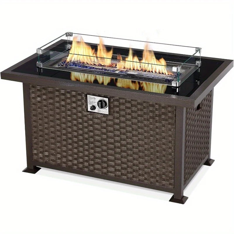 44" Outdoor Propane Fire Pit Table – 50,000 BTU with Glass Wind Guard & Brown Rattan
