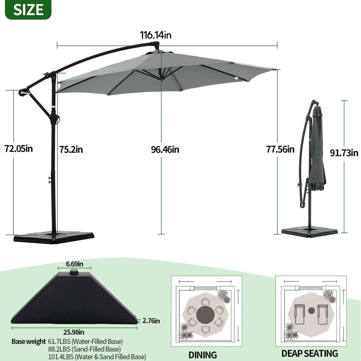 9.8FT Cantilever Patio Umbrella with Base – Adjustable Tilt & UPF50+ Sun Protection