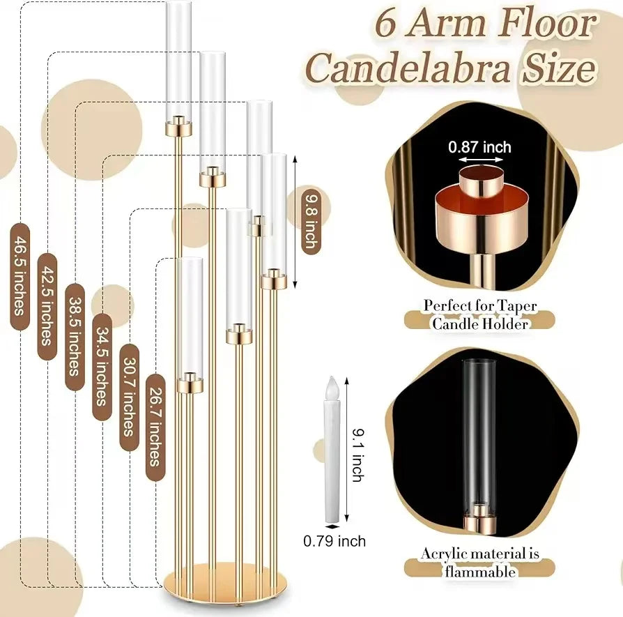 46" Gold 6-Arm Floor Candelabras with 24 LED Candles – 4 Piece Set