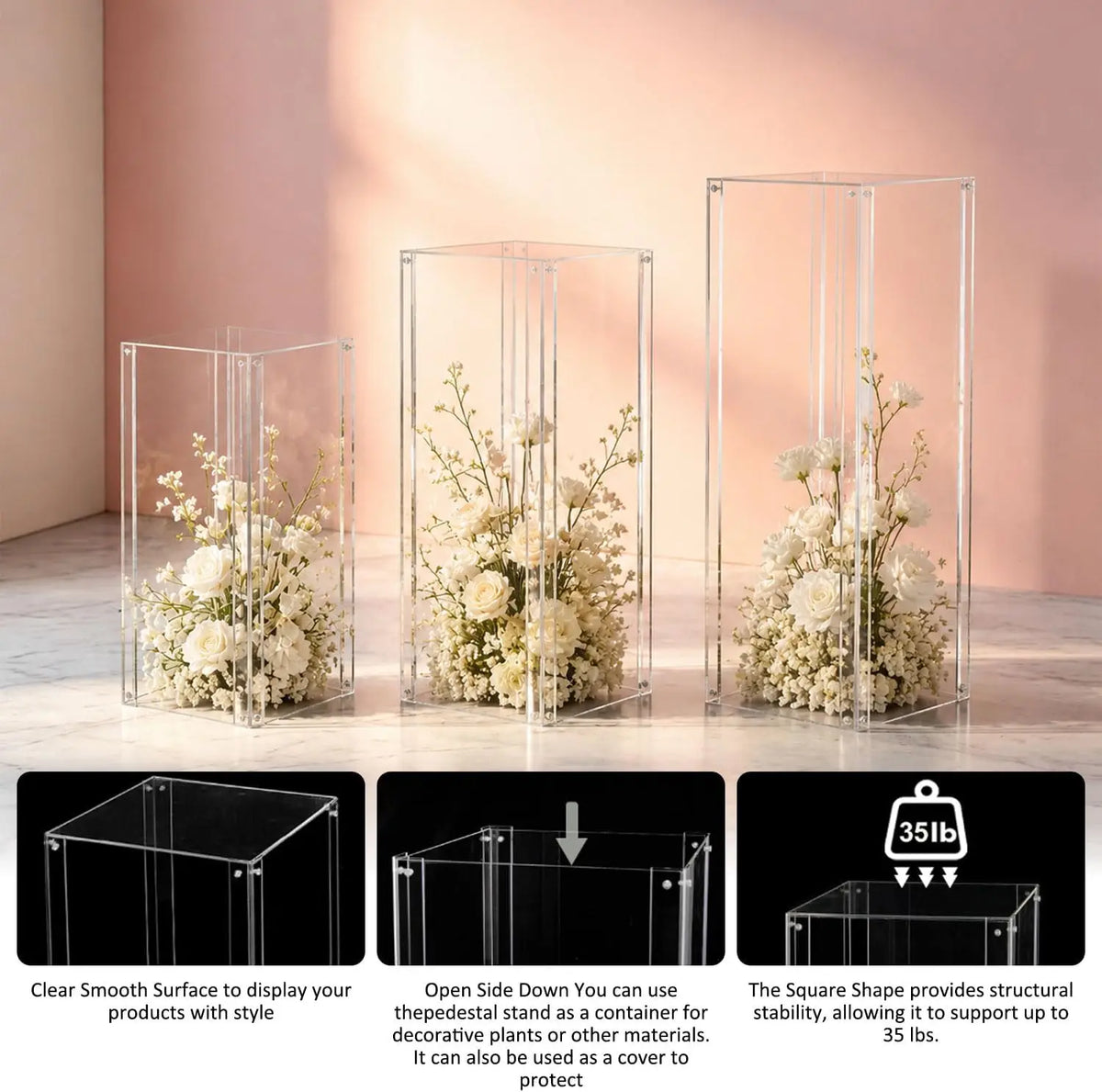 3-Piece Clear Acrylic Pedestal Stand Set – 23.6", 27.6" & 31.5" Fillable Display Plinths for Events