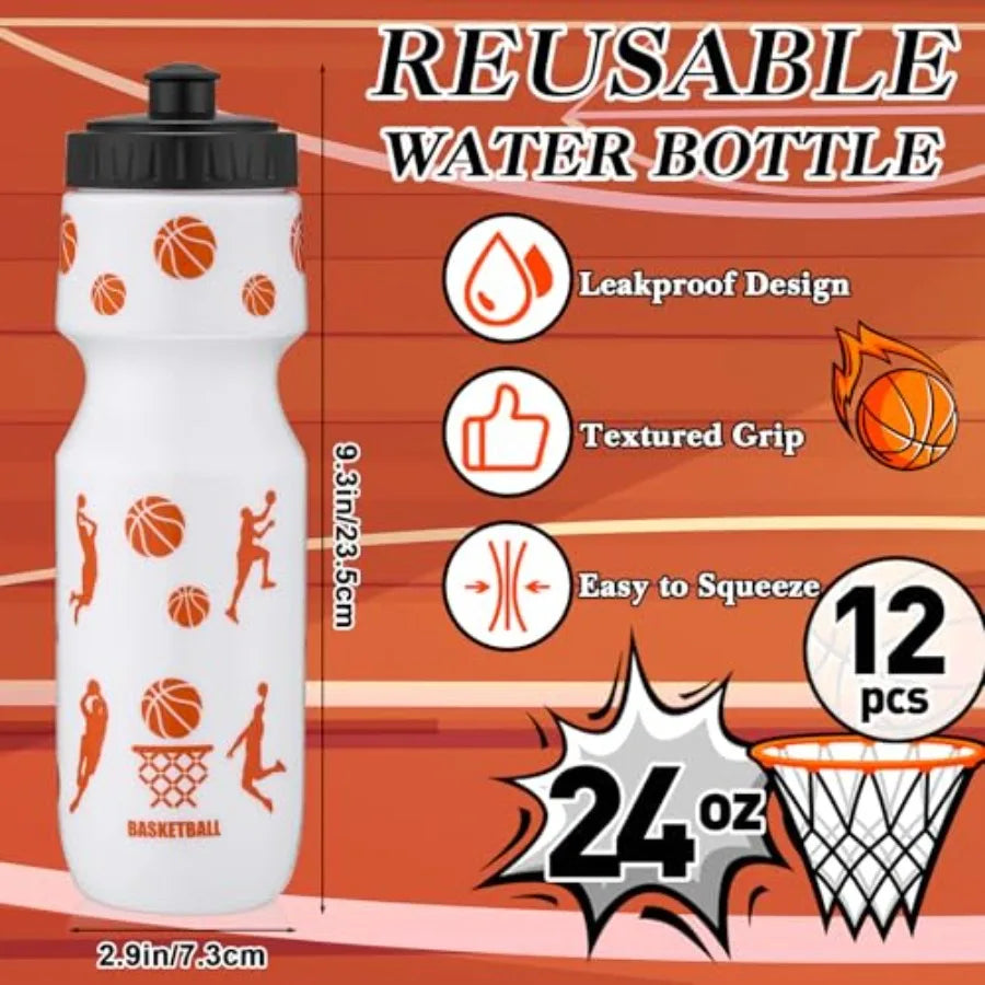 Basketball Party Favor Set – 12 Sports Water Bottles & 12 Drawstring Goodie Bags