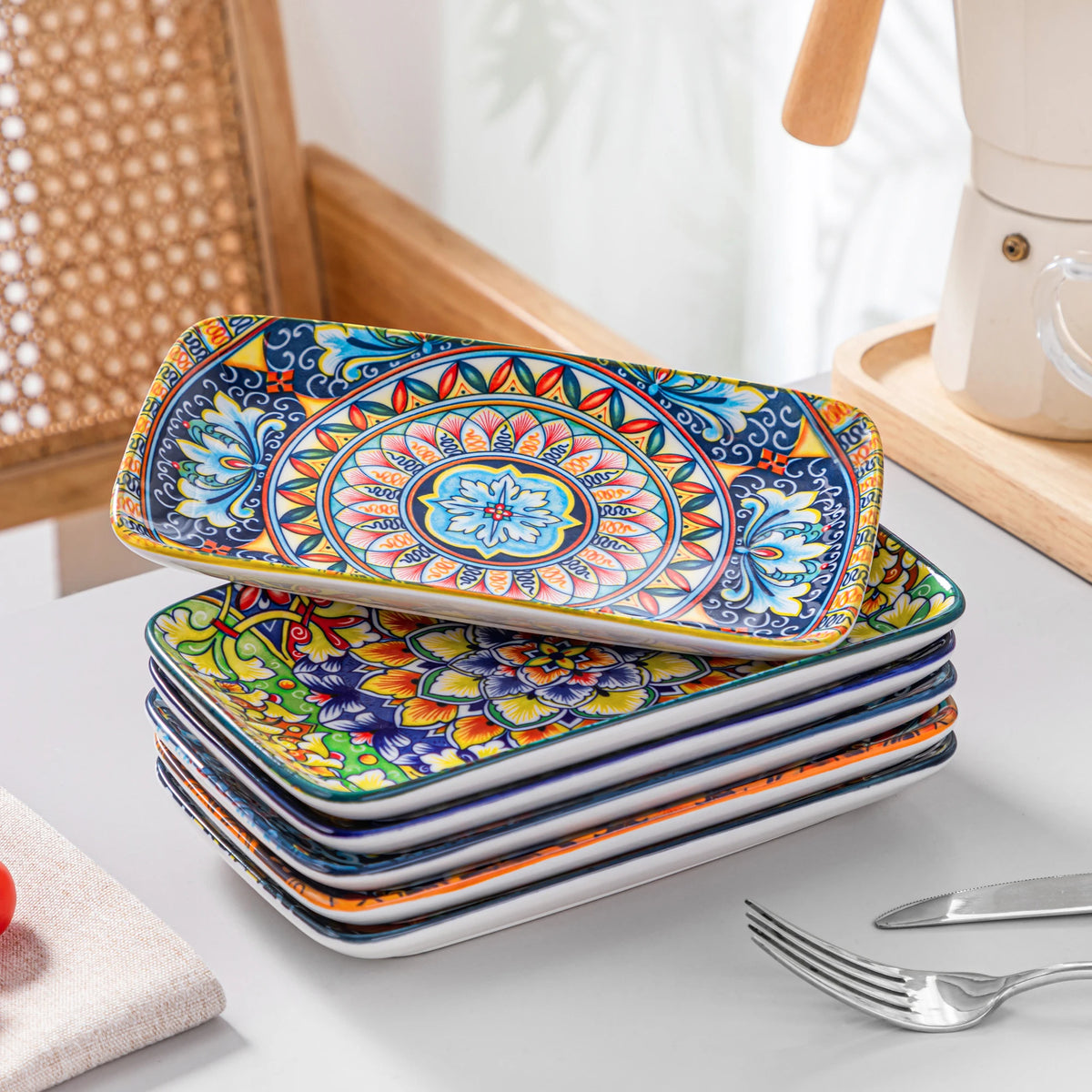 Vancasso Artisan Patterned Rectangular Serving Plates – 6 or 12 Piece Set (8.5x5.1 in / 22x13 cm)