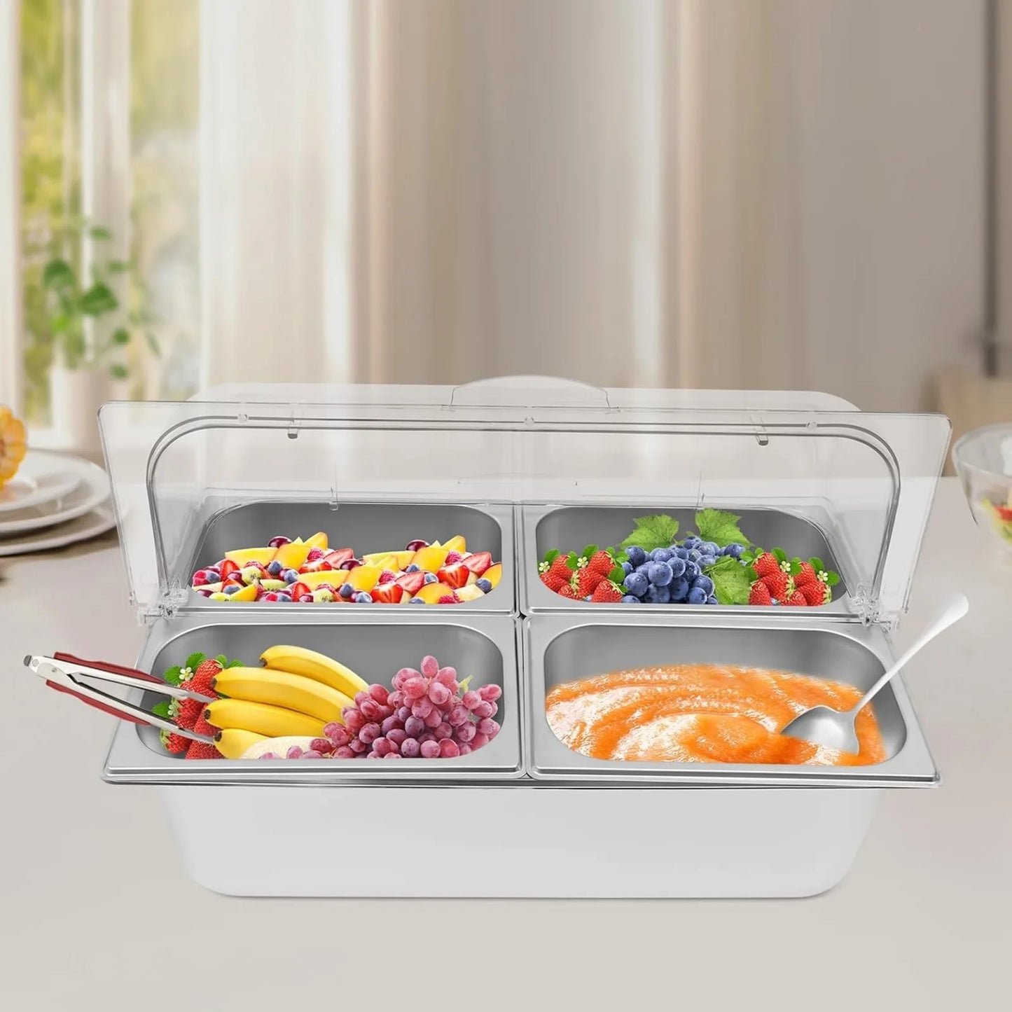 4-Compartment Stainless Steel Chilled Serving Station with Flip Top Lid