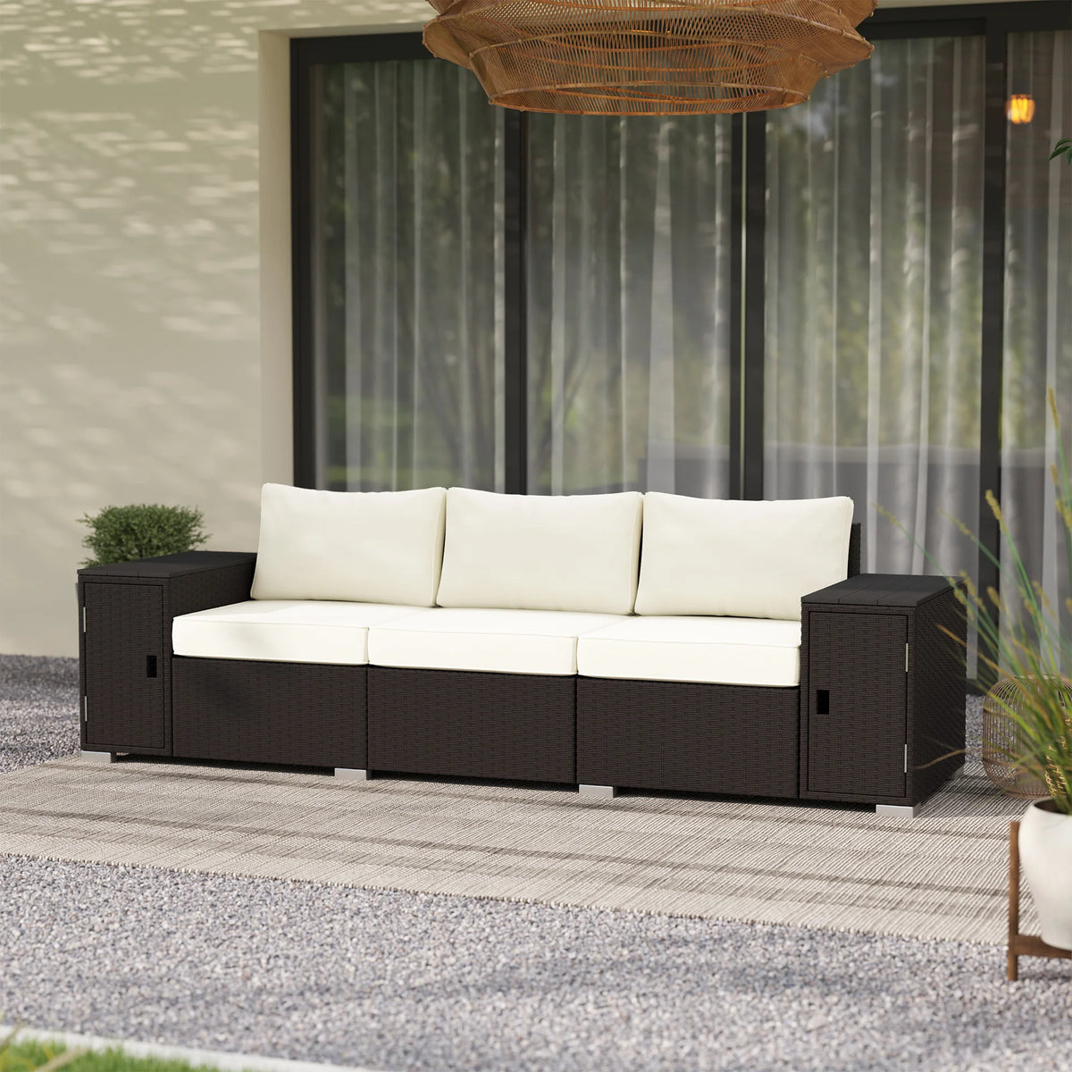 3-Seater Outdoor Wicker Sofa with Hidden Storage & Thick Cushions – Cream White