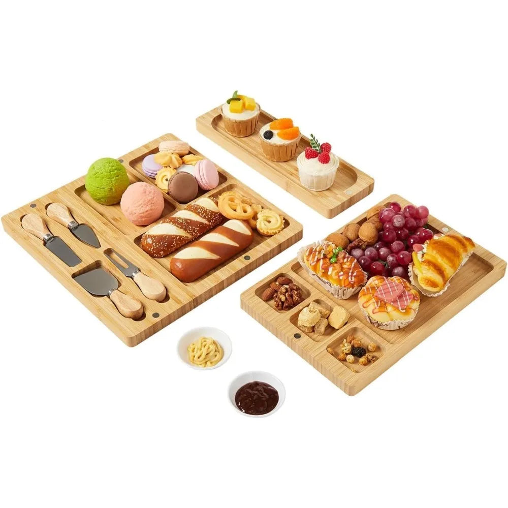 3-Piece Magnetic Bamboo Charcuterie Board Set – 25.2" Modular Cheese Board with 4 Knives & 2 Bowls
