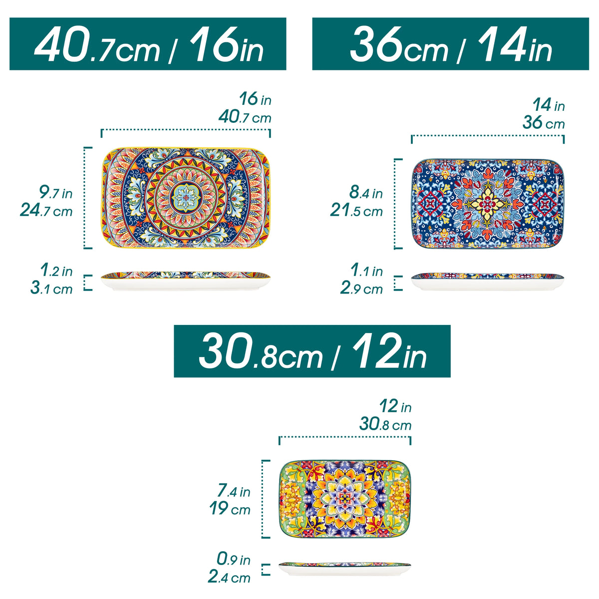 Vancasso Artisan Patterned Rectangular Serving Platters – 3 or 6 Piece Set
