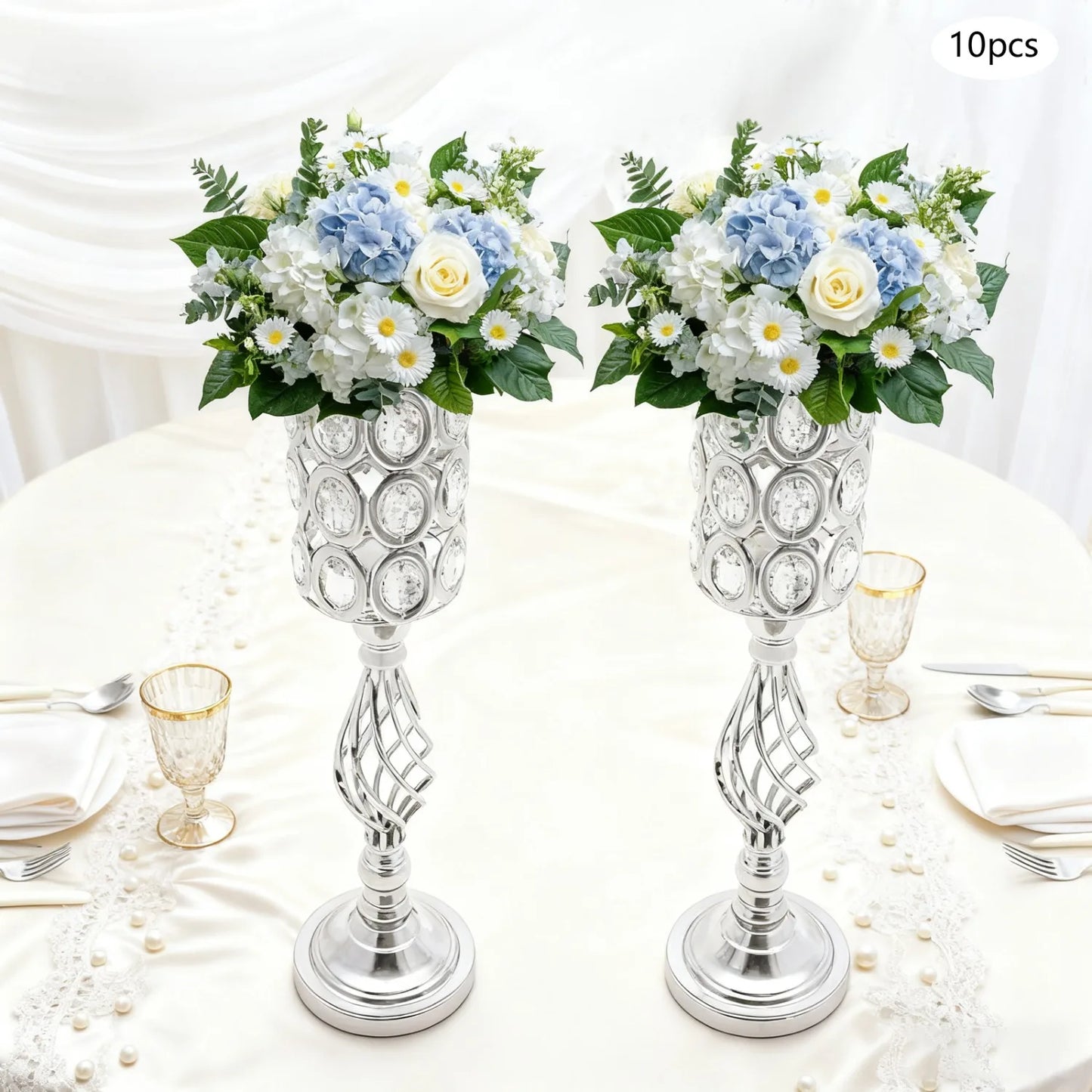 24" Silver Crystal Floral Centerpiece Stands – 10 Piece Set