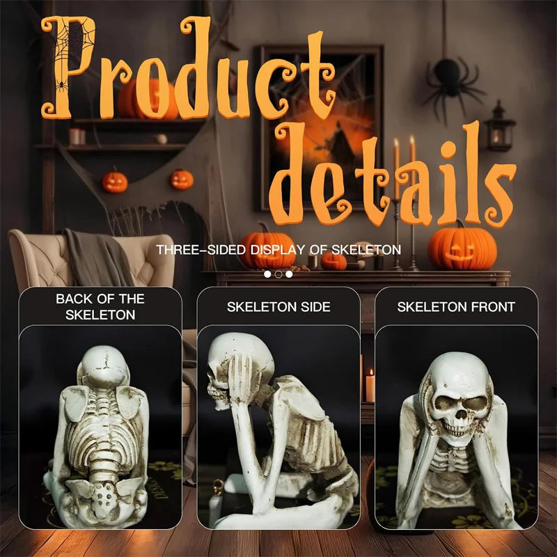 3-Piece Hear No See No Speak No Evil Skeleton Figurine Set – Gothic Halloween Tabletop Décor