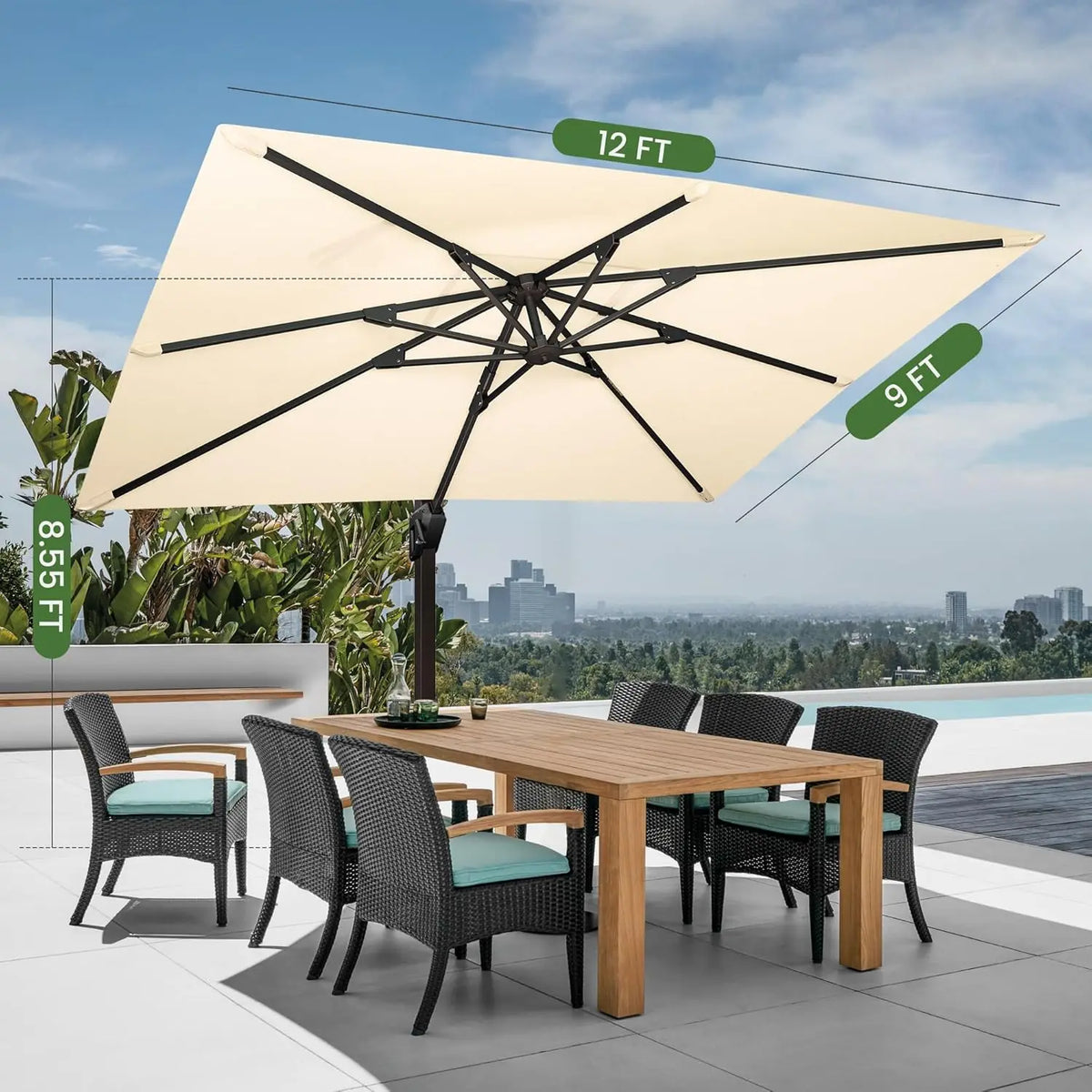 9 × 12FT Rectangular Cantilever Patio Umbrella with Base – Large Offset Outdoor Umbrella