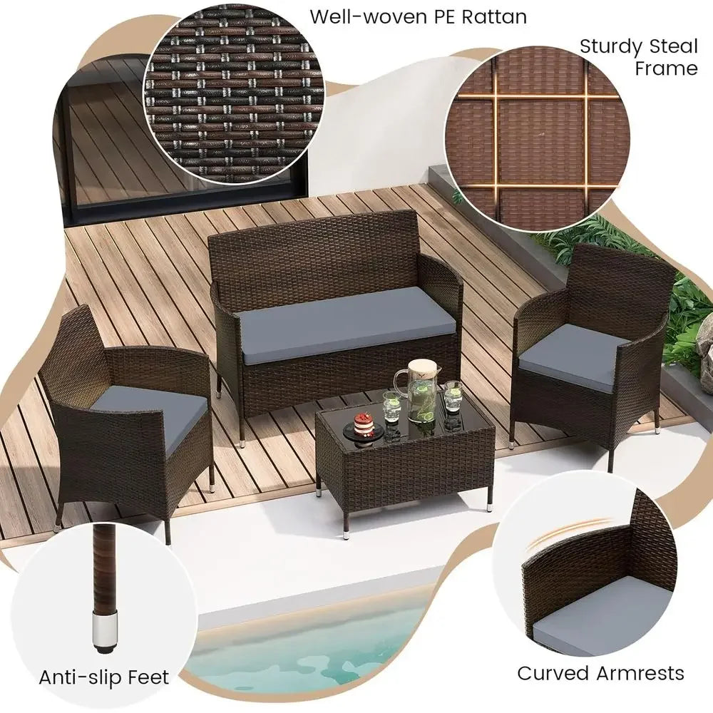 8-Piece Outdoor Wicker Patio Conversation Set – PE Rattan Seating with Thick Cushions & Tempered Glass Coffee Table, Gray