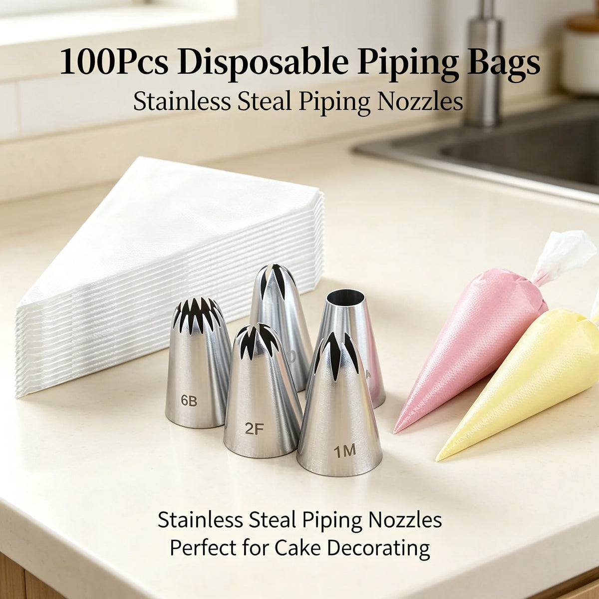 100 Disposable Piping Bags & 6 Stainless Steel Decorating Tips