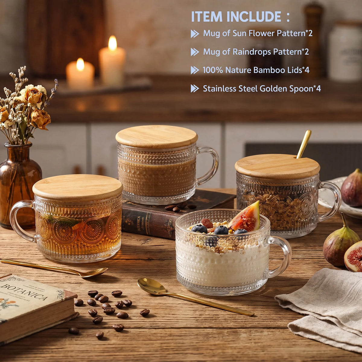 4-Piece 14 oz Vintage Embossed Glass Mug Set with Bamboo Lids & Gold Spoons