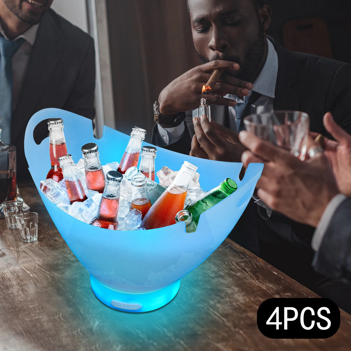 4-Pack 7L Bluetooth LED Ice Buckets with Speakers – 7-Color Rechargeable Wine & Champagne Coolers