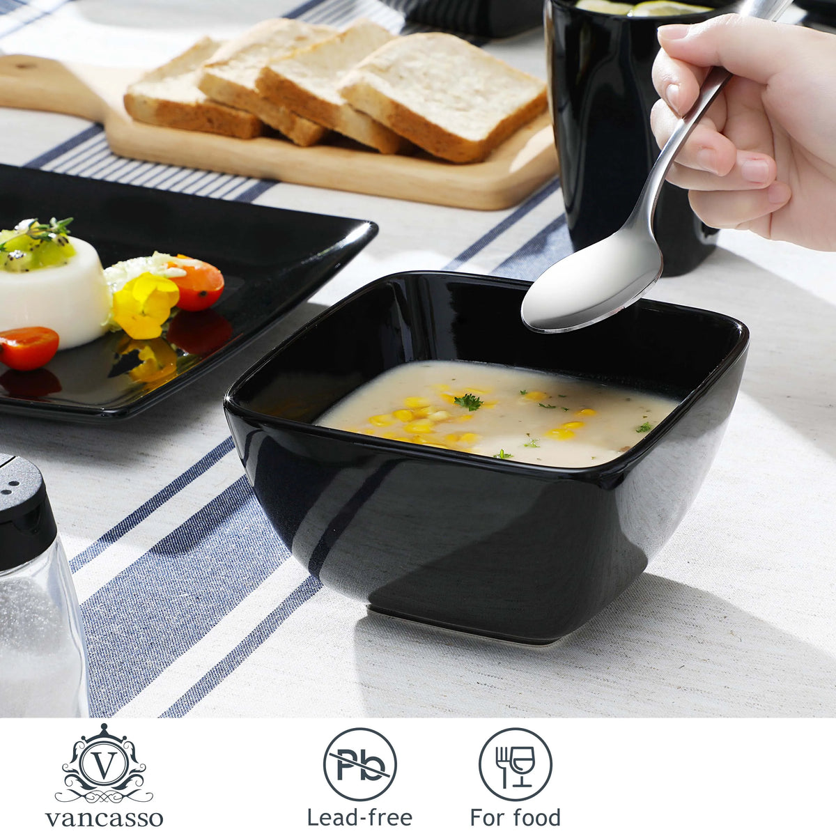 Vancasso SOHO Black Square Porcelain Dinnerware Set – 16, 32 or 48 Piece