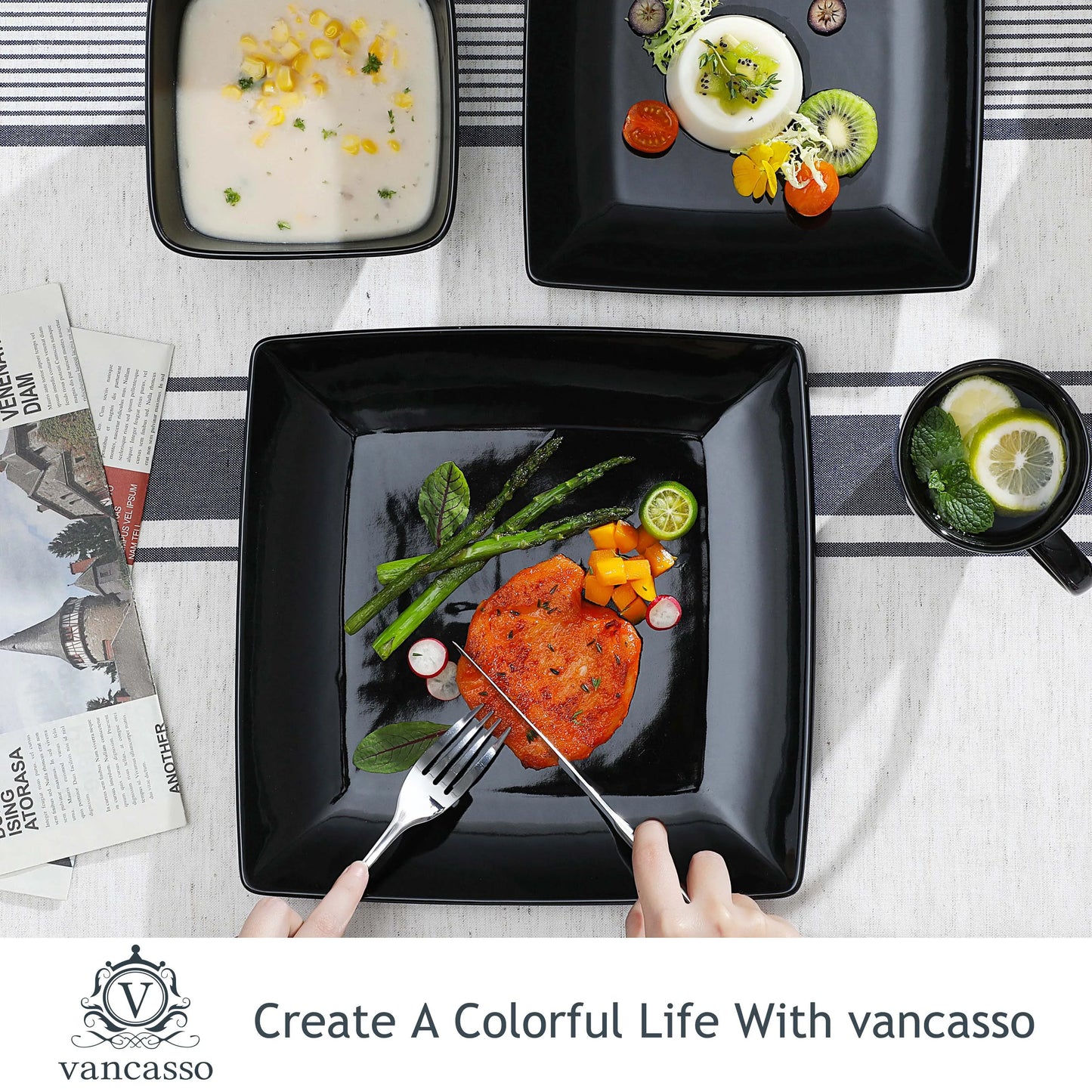 Vancasso SOHO Black Square Porcelain Dinnerware Set – 16, 32 or 48 Piece