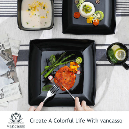 Vancasso SOHO Black Square Porcelain Dinnerware Set – 16, 32 or 48 Piece