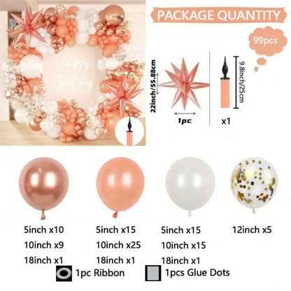 99-Piece Rose Gold, Orange & White Balloon Garland Arch Kit with Star Balloon & Pump