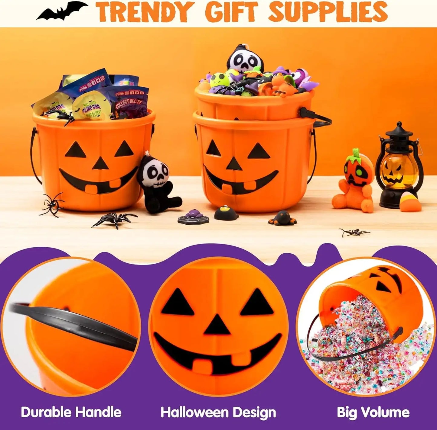 6-Pack Halloween Jack-O'-Lantern Pumpkin Trick-or-Treat Buckets – Orange Candy Pails with Handles
