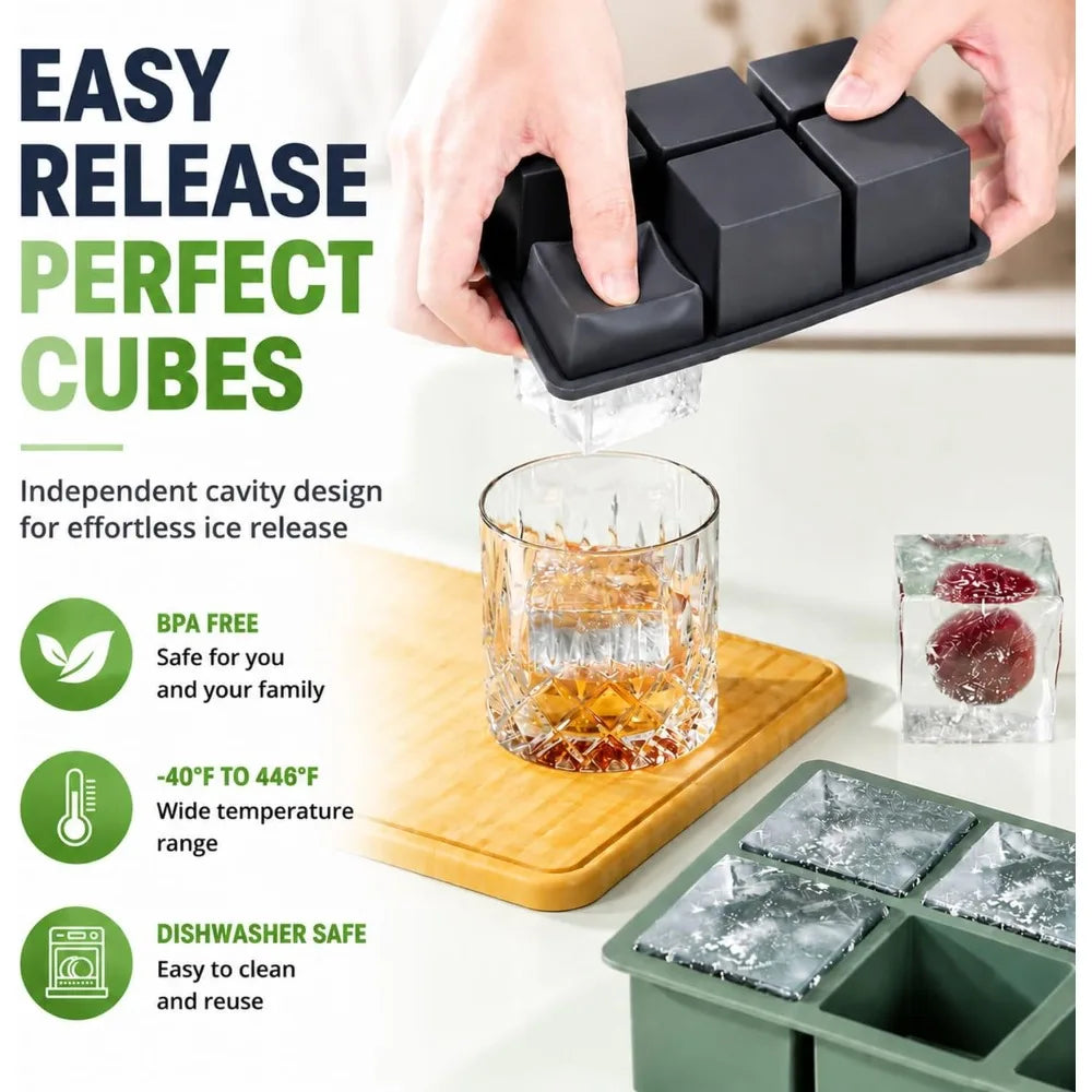3-Pack Large Square Whiskey / Bourbon Silicone Ice Cube Trays with Lids
