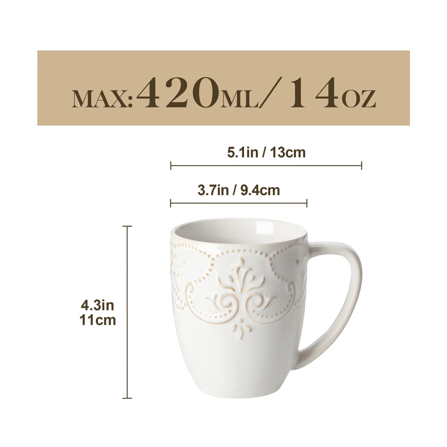 MALACASA GISELLE Embossed Porcelain Mugs 14 oz (414mL) Vintage White or Starry Blue – 4 or 8 Piece Set