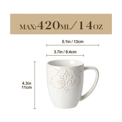 MALACASA GISELLE Embossed Porcelain Mugs 14 oz (414mL) Vintage White or Starry Blue – 4 or 8 Piece Set