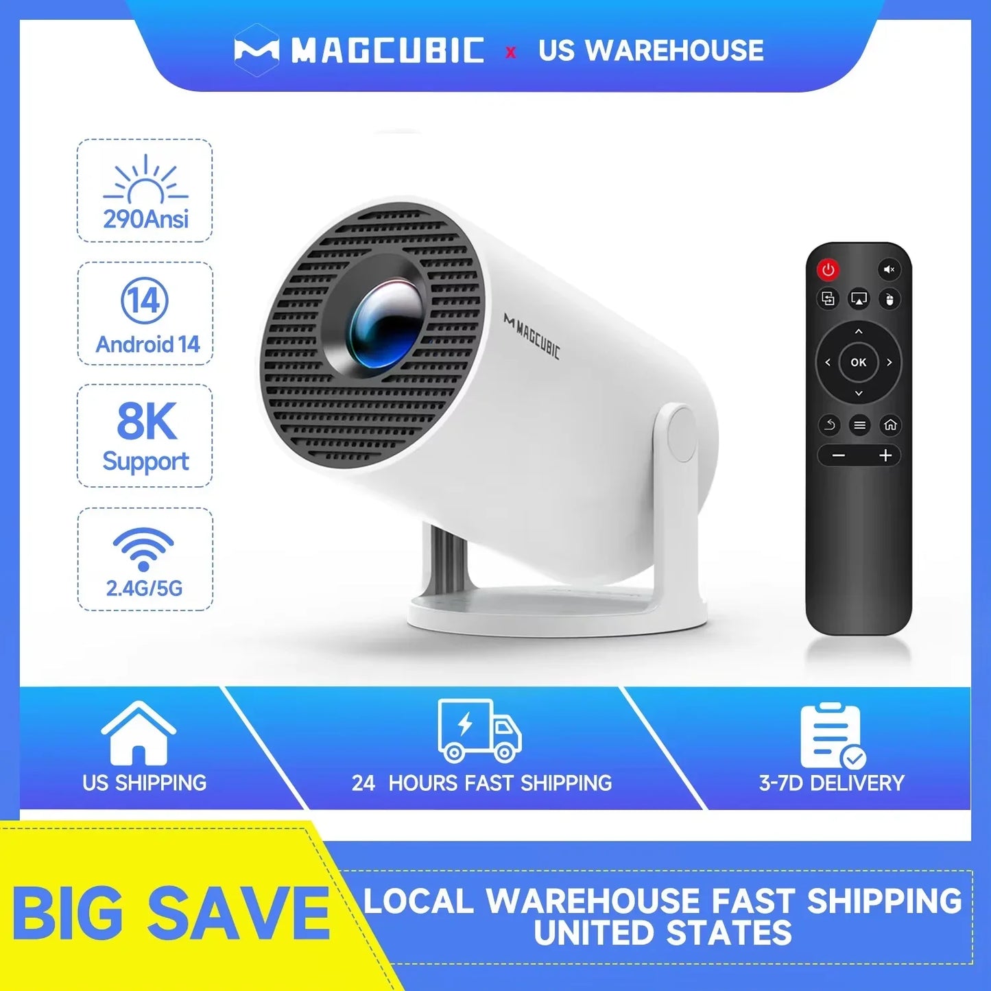 Magcubic HY300 Pro Mini Smart Projector – 290 ANSI, Android 14, WiFi 6, Bluetooth 5.4 & 180° Rotation