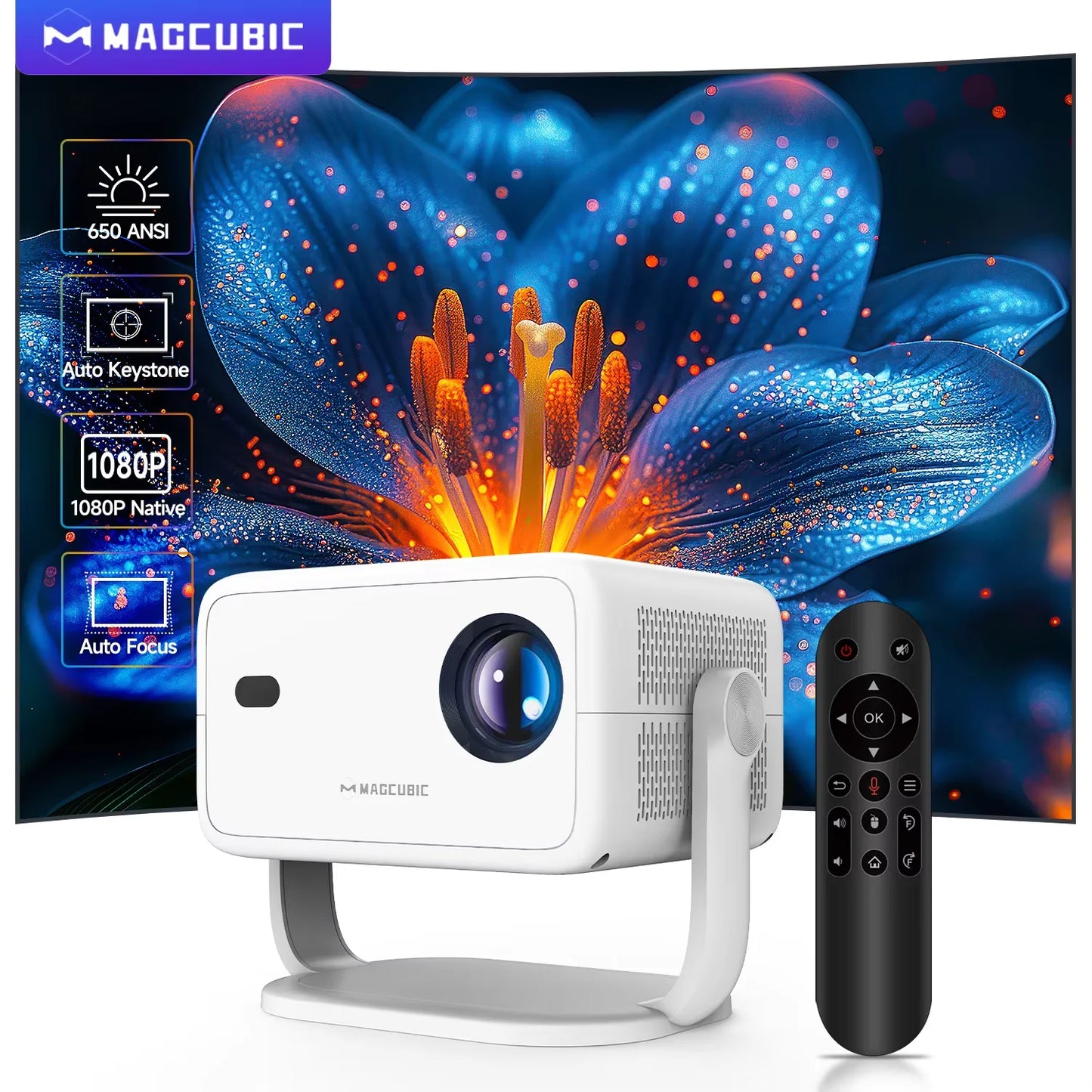 Magcubic L018 Smart Projector – 650 ANSI, Native 1080P, Android 14 & 360° Stand