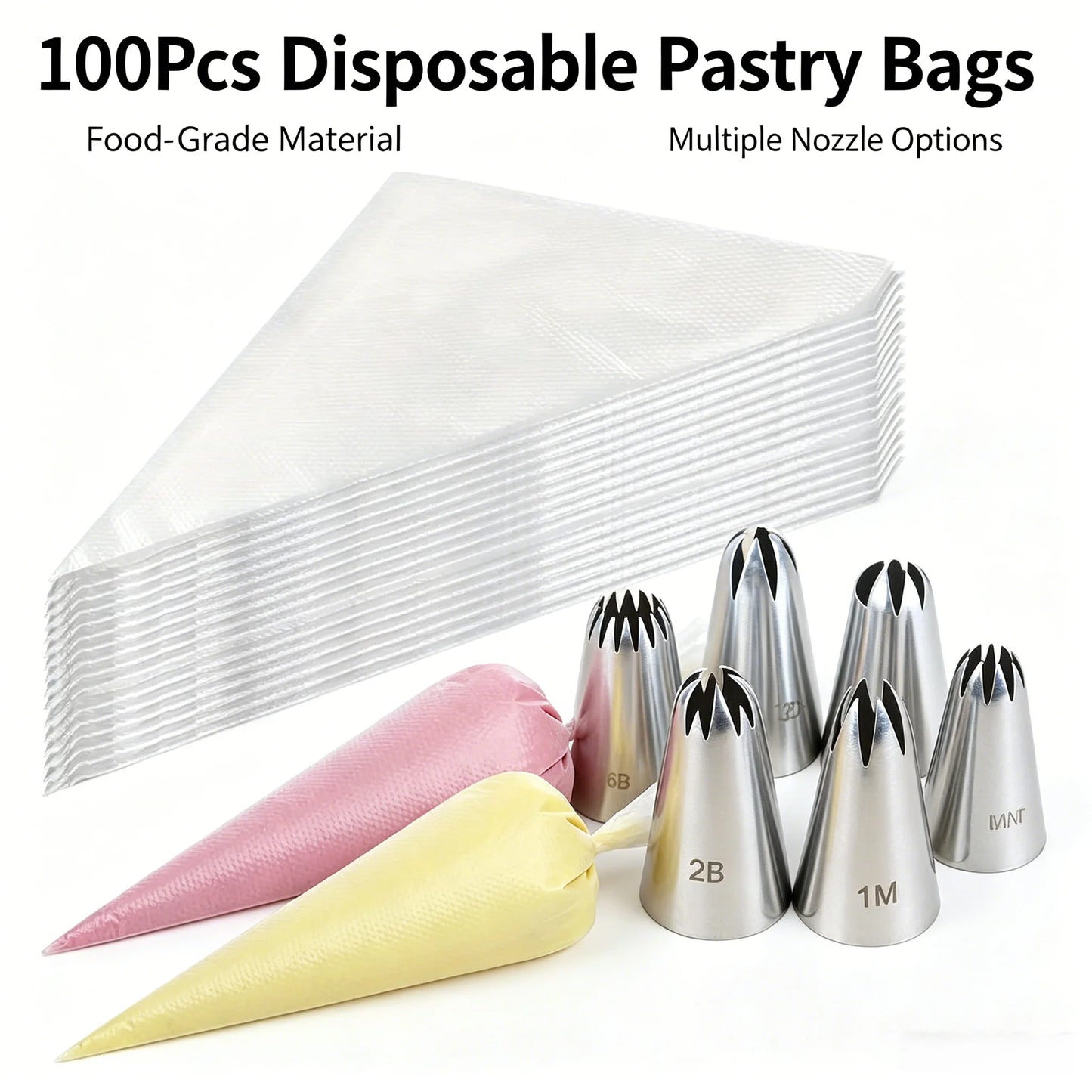 100 Disposable Piping Bags & 6 Stainless Steel Decorating Tips
