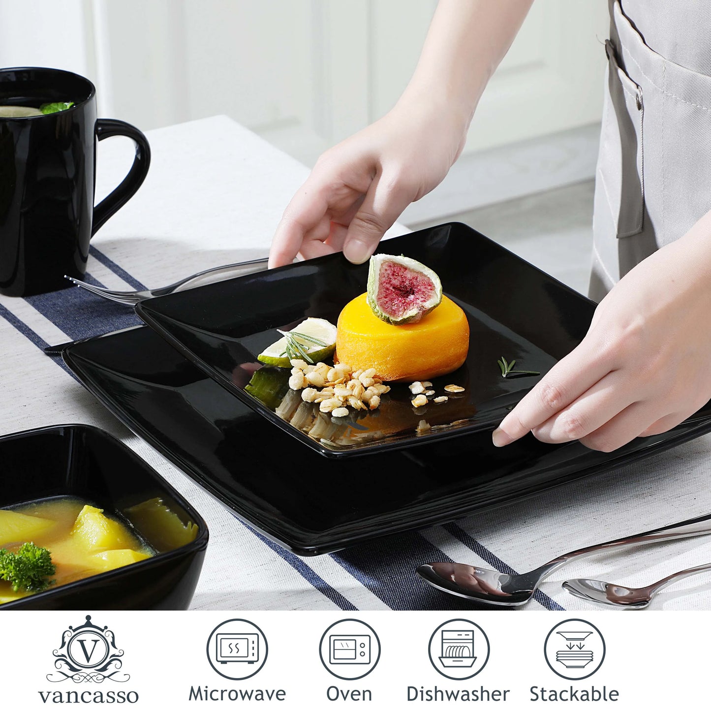 Vancasso SOHO Black Square Porcelain Dinnerware Set – 16, 32 or 48 Piece