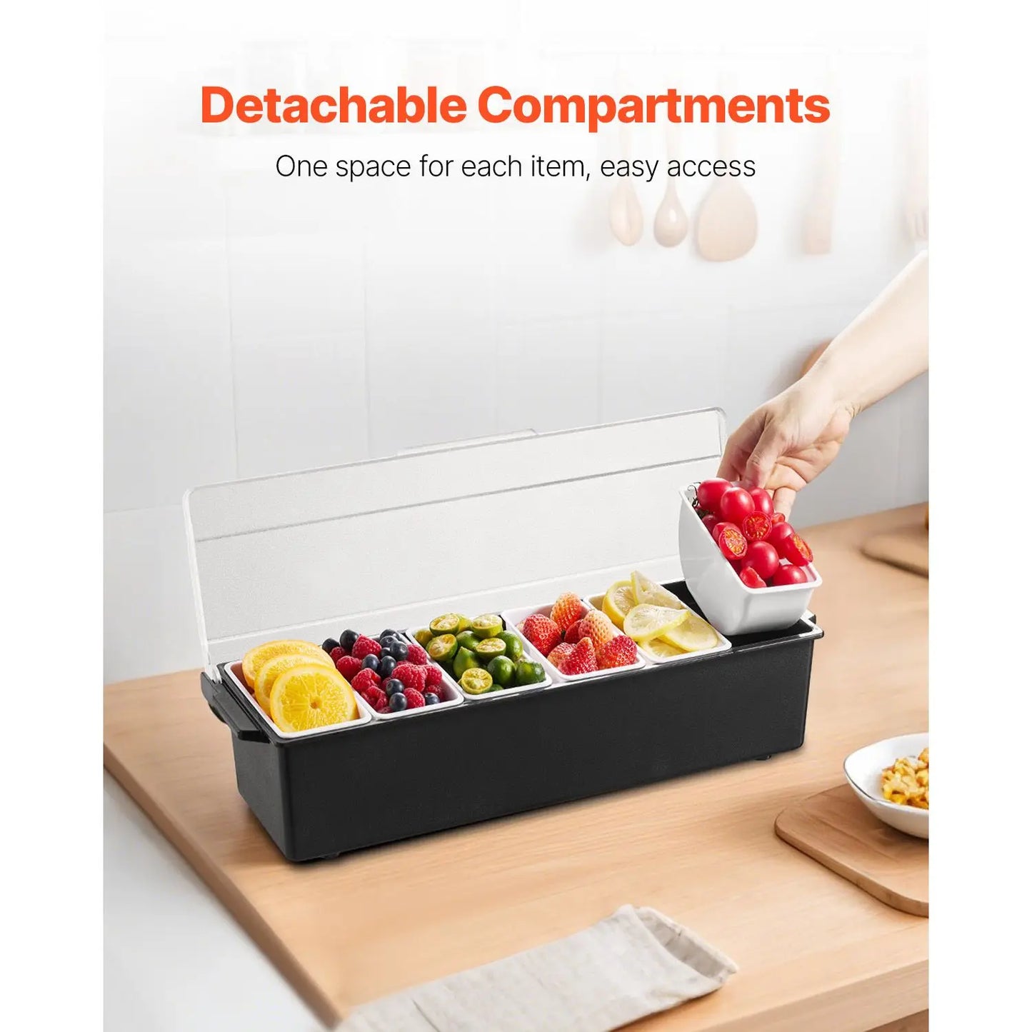 6-Compartment Chilled Condiment & Garnish Server with Lid – Ice-Cooled Bar, Taco & Salad Caddy