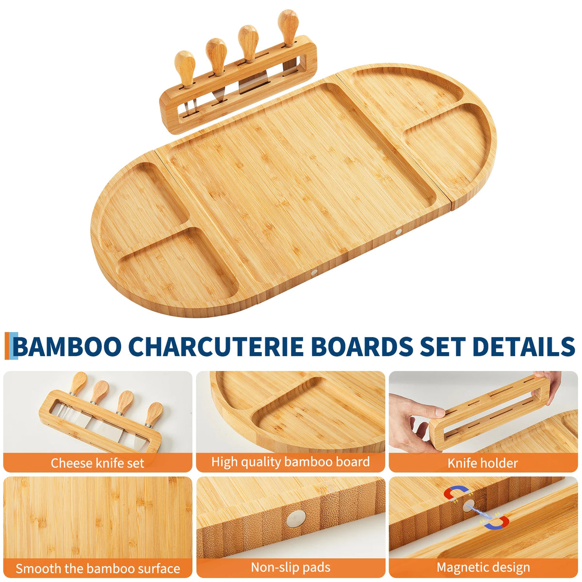 4-Piece Magnetic Wood Charcuterie Board Set – 23" Modular Cheese & Serving Board with Knife Set