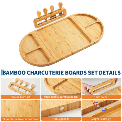 4-Piece Magnetic Wood Charcuterie Board Set – 23" Modular Cheese & Serving Board with Knife Set