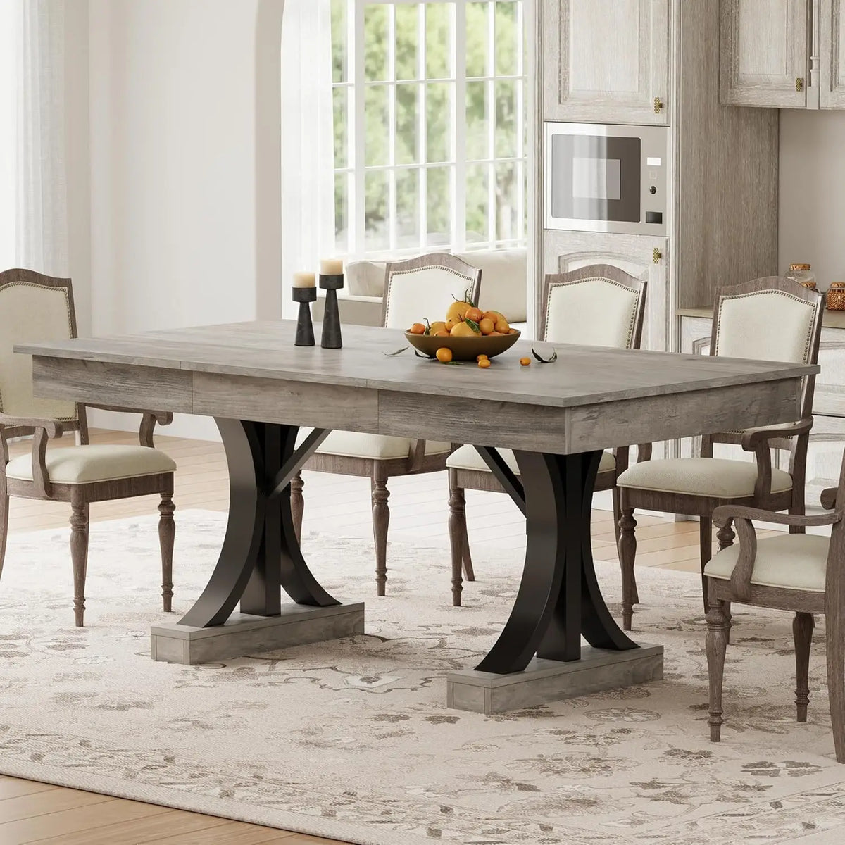 71" Industrial Dining Table for 6–8 – Rectangular Wood-Look Table with 2 Storage Drawers & Double Pedestal Base