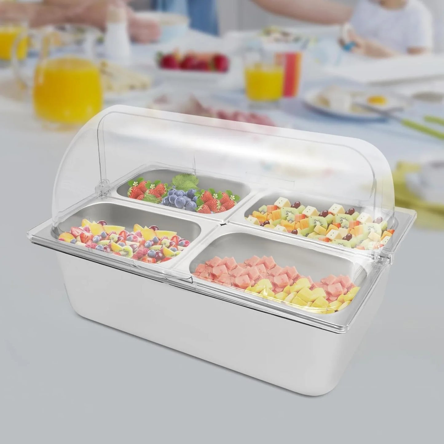 4-Compartment Stainless Steel Chilled Serving Station with Flip Top Lid