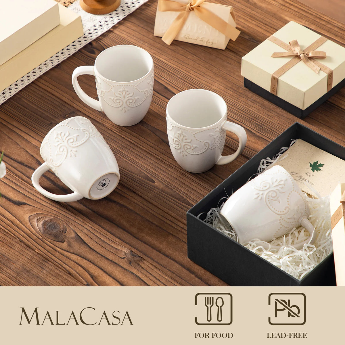 MALACASA GISELLE Embossed Porcelain Mugs 14 oz (414mL) Vintage White or Starry Blue – 4 or 8 Piece Set