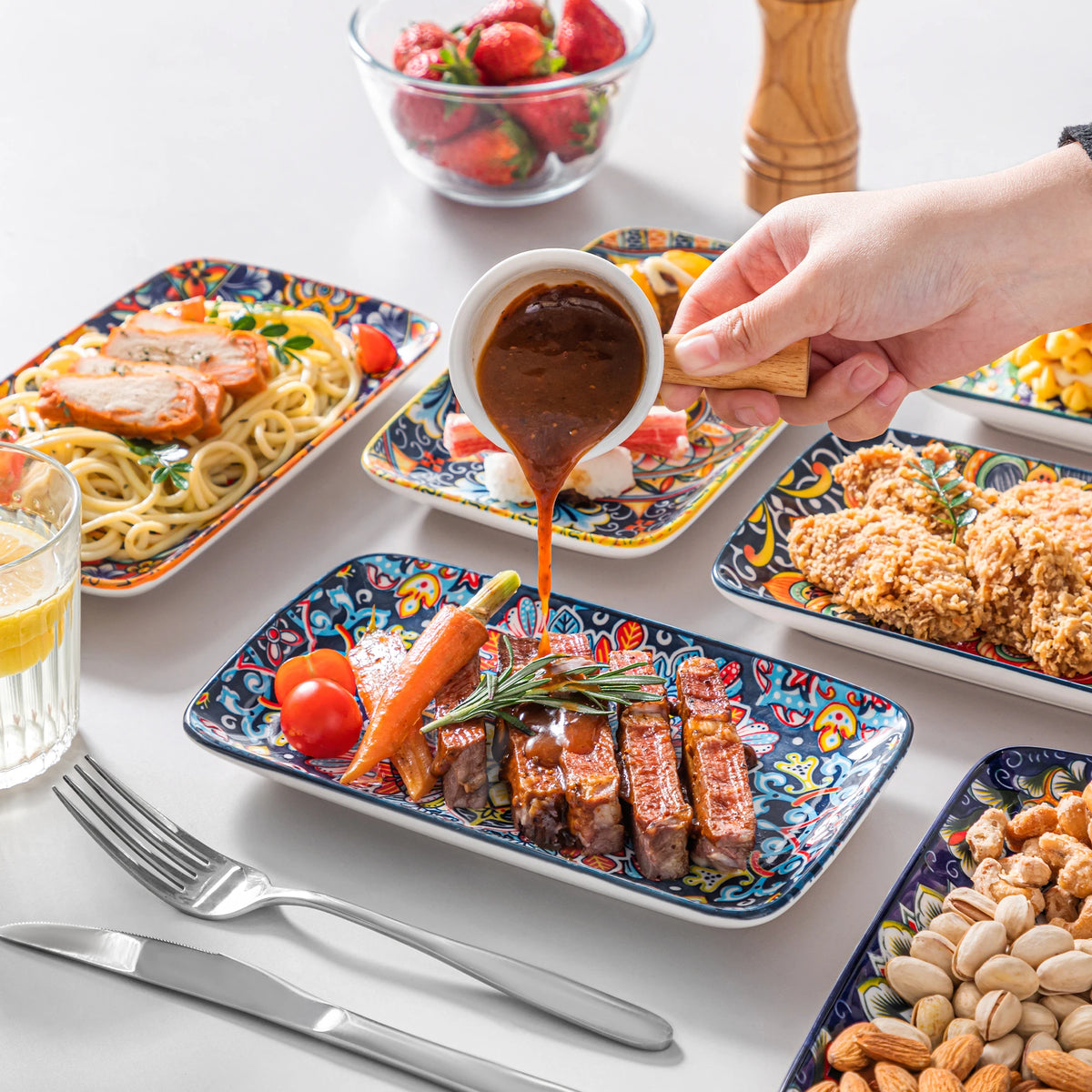 Vancasso Artisan Patterned Rectangular Serving Plates – 6 or 12 Piece Set (8.5x5.1 in / 22x13 cm)