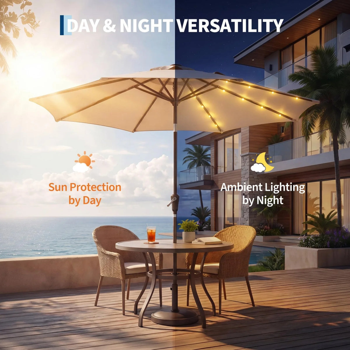 9FT/10FT Solar LED Patio Umbrella with 32 Lights