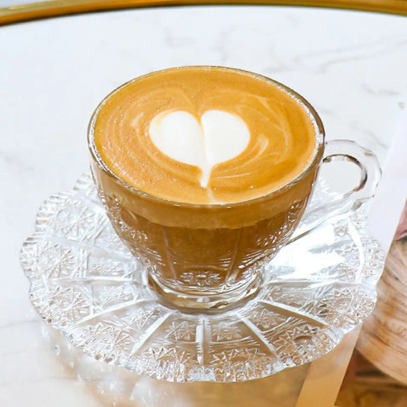 Retro Embossed Glass Coffee Cup & Saucer Set - 200ml