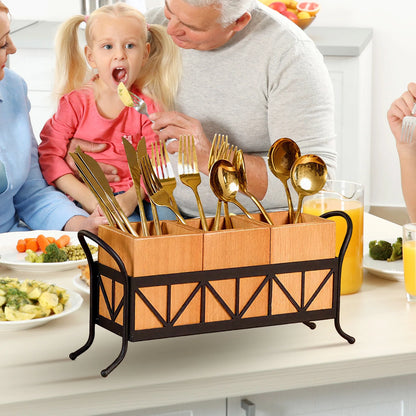 3-Compartment Bamboo Utensil Holder with Black Metal Rack