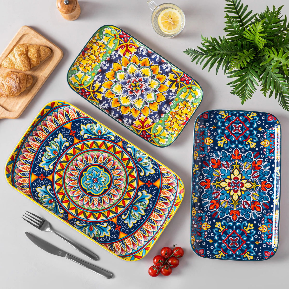 Vancasso Artisan Patterned Rectangular Serving Platters – 3 or 6 Piece Set
