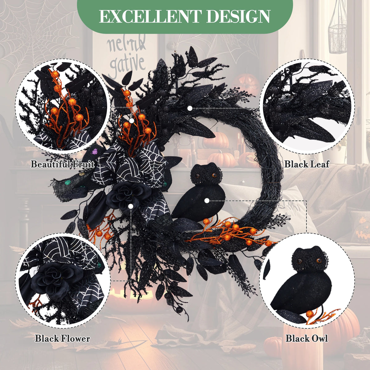 22" Black Halloween Wreath with Owl, Spider Web & Orange Berries